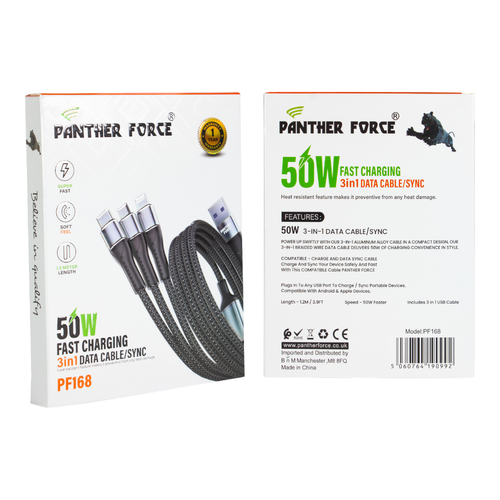PF168- Panther Force 3 in 1 Cable - Seamless Connectivity, Uninterrupted Power PF168- Panther Force 3 in 1 Cable - Seamless Connectivity, Uninterrupted Power
